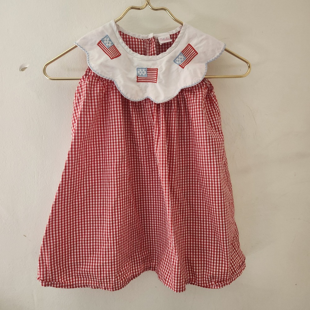 Stitchy Fish Girls Red Gingham American Flag Scallop Collar Dress 4T Patriotic